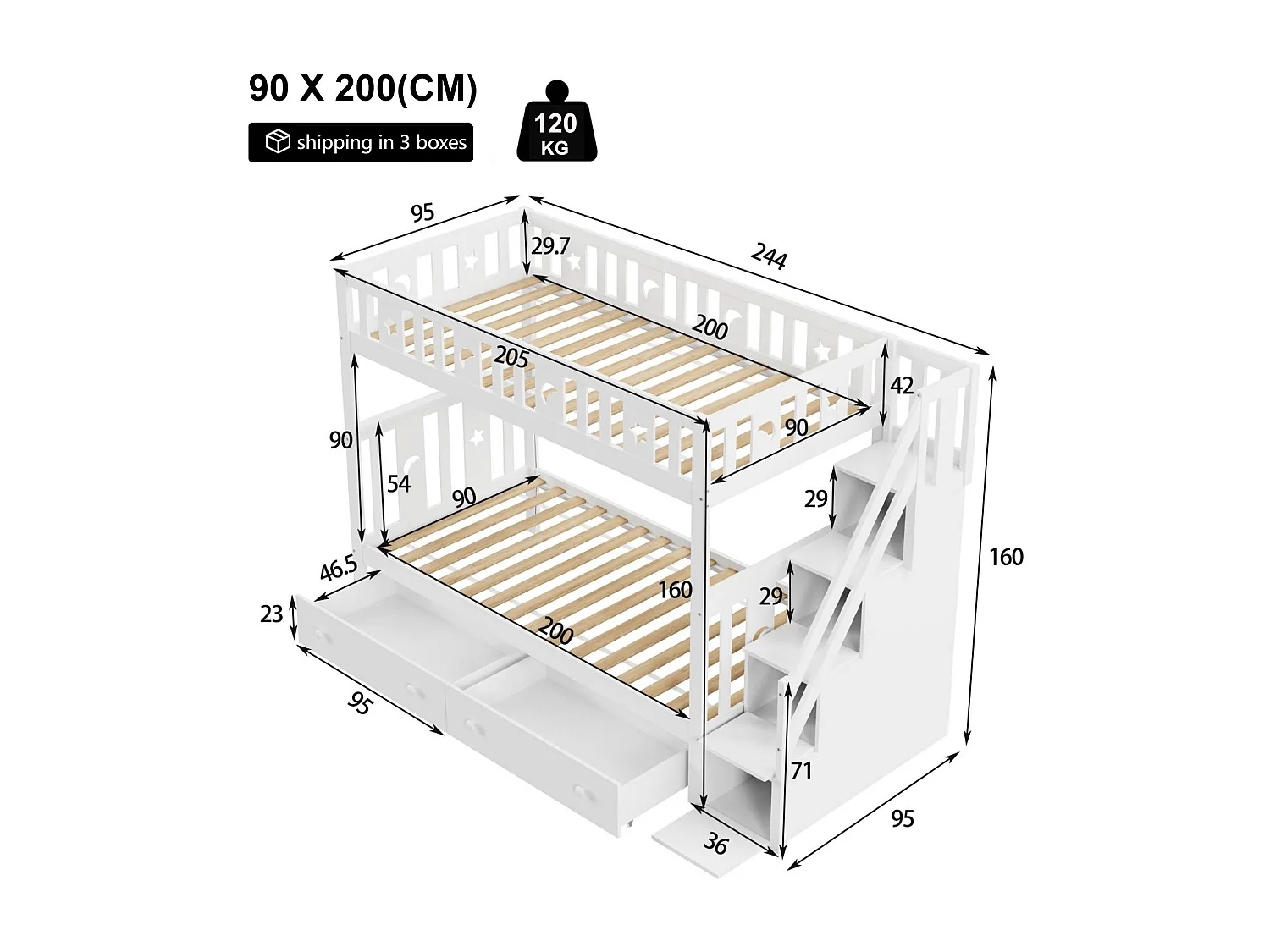 Lit superposé enfant 90x200 cm - en bois massif - avec escalier de rangement et 2 tiroirs - Blanc