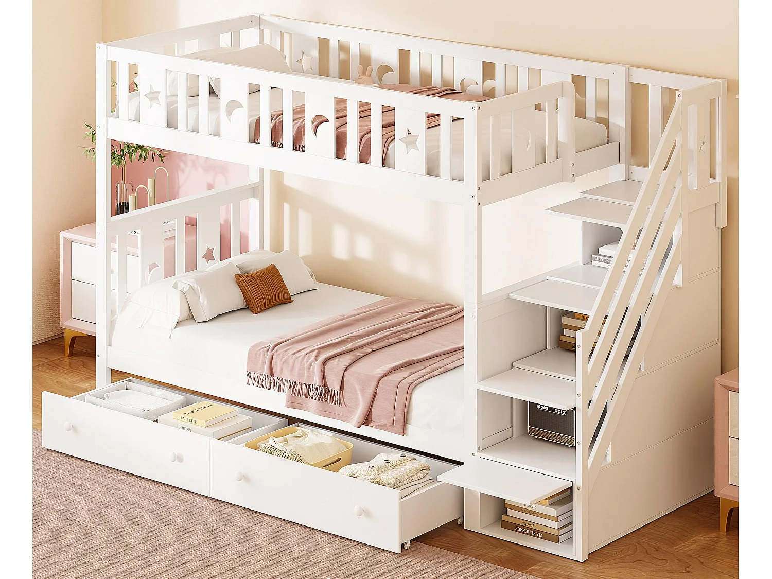 Etagenbett für Kinder 90 x 200 cm – Massivholz – mit Stauraumtreppe und 2 Schubladen – Weiß