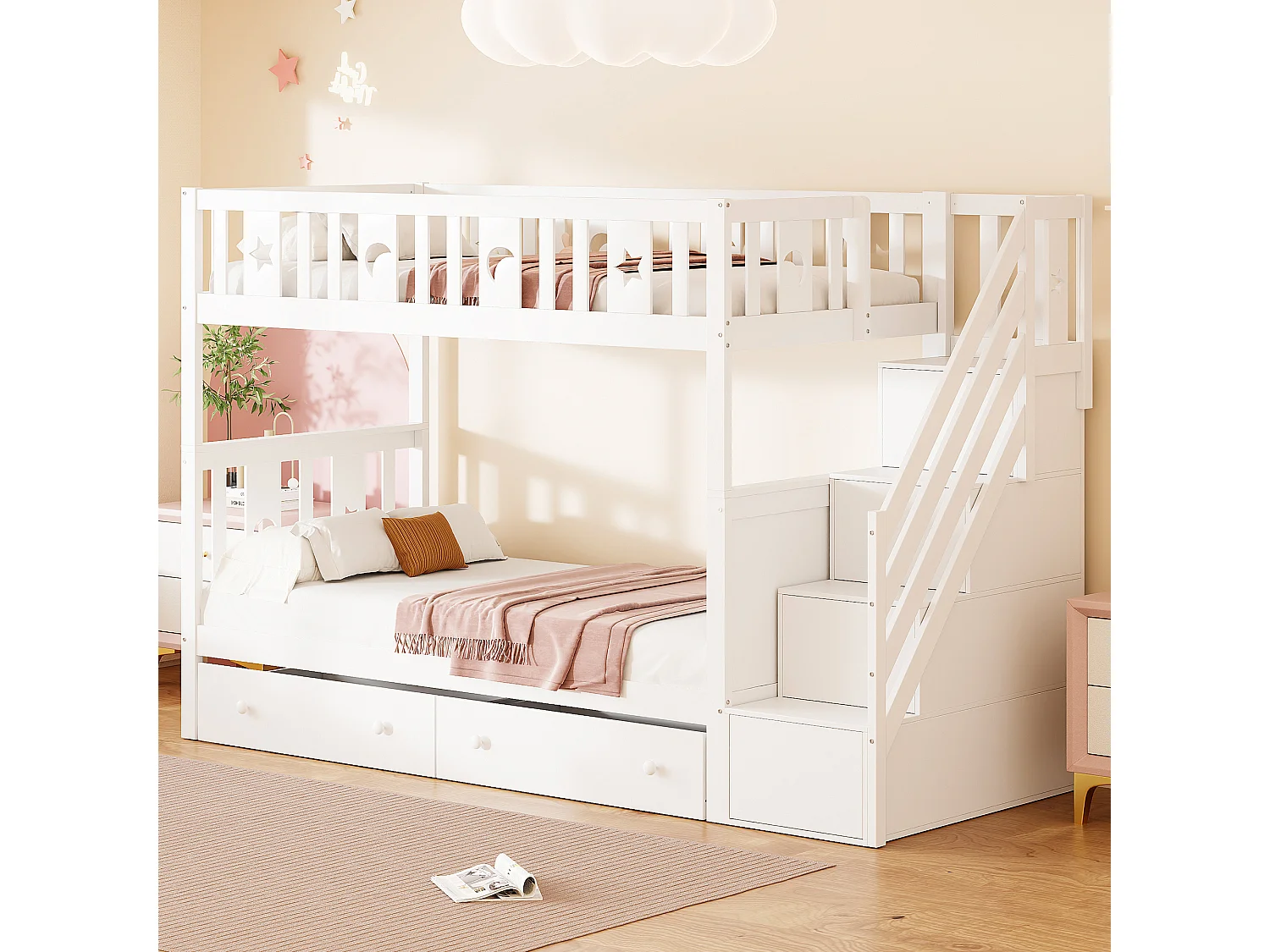 Etagenbett für Kinder 90 x 200 cm – Massivholz – mit Stauraumtreppe und 2 Schubladen – Weiß