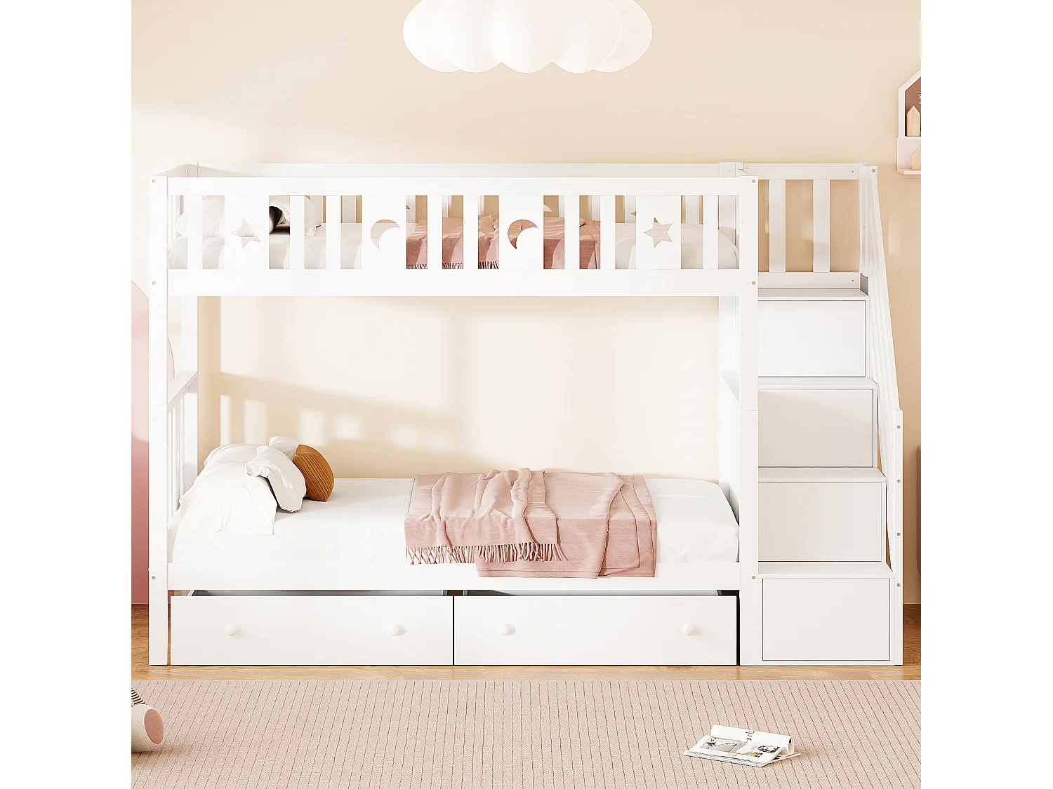 Etagenbett für Kinder 90 x 200 cm – Massivholz – mit Stauraumtreppe und 2 Schubladen – Weiß