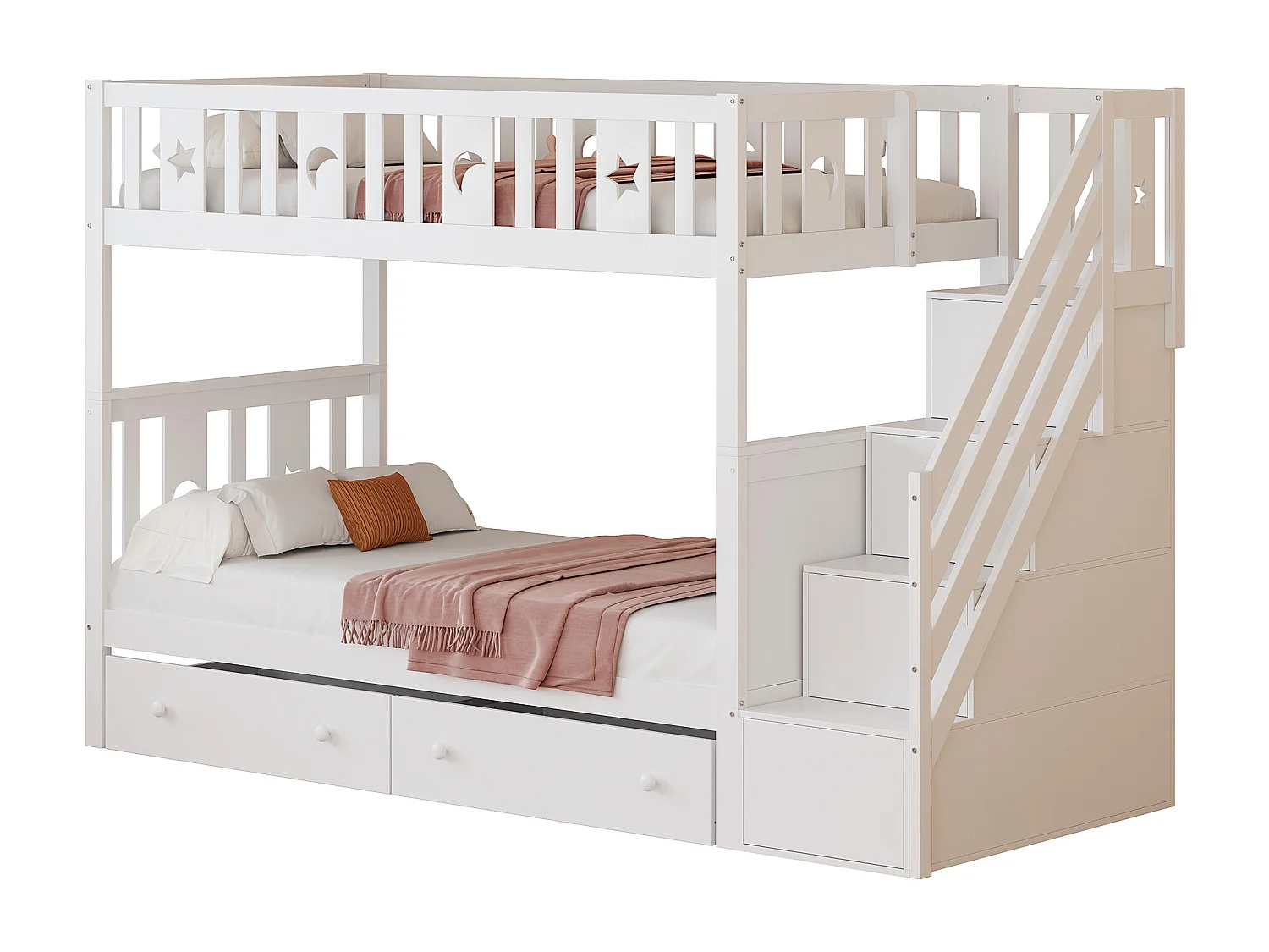 Etagenbett für Kinder 90 x 200 cm – Massivholz – mit Stauraumtreppe und 2 Schubladen – Weiß