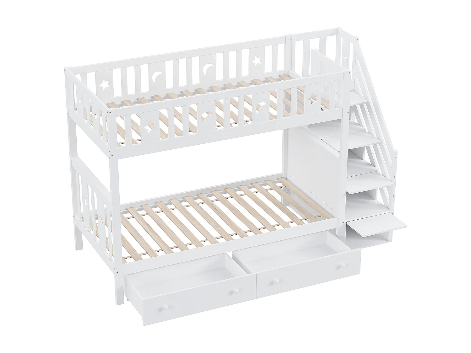 Etagenbett für Kinder 90 x 200 cm – Massivholz – mit Stauraumtreppe und 2 Schubladen – Weiß