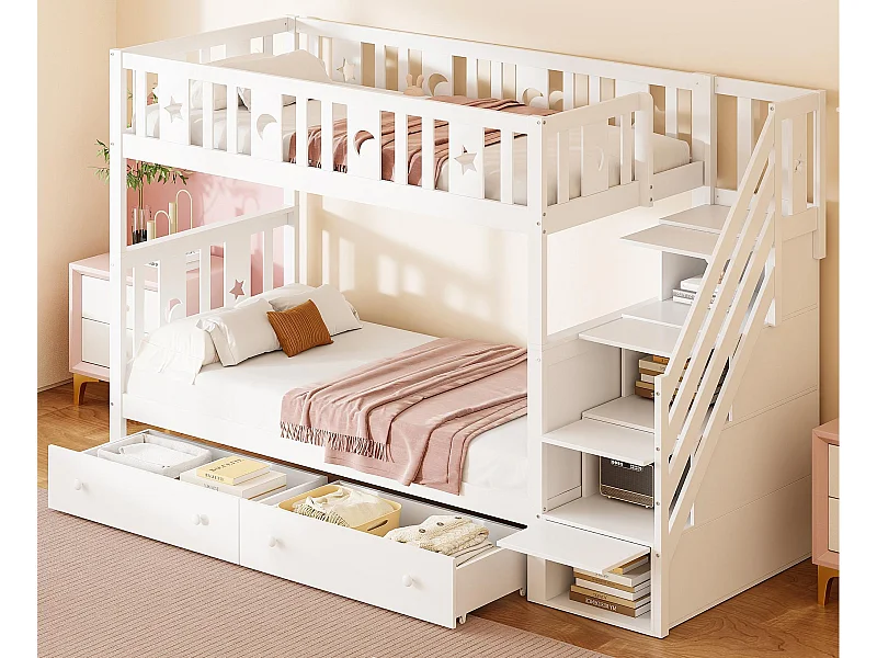 Etagenbett für Kinder 90 x 200 cm – Massivholz – mit Stauraumtreppe und 2 Schubladen – Weiß
