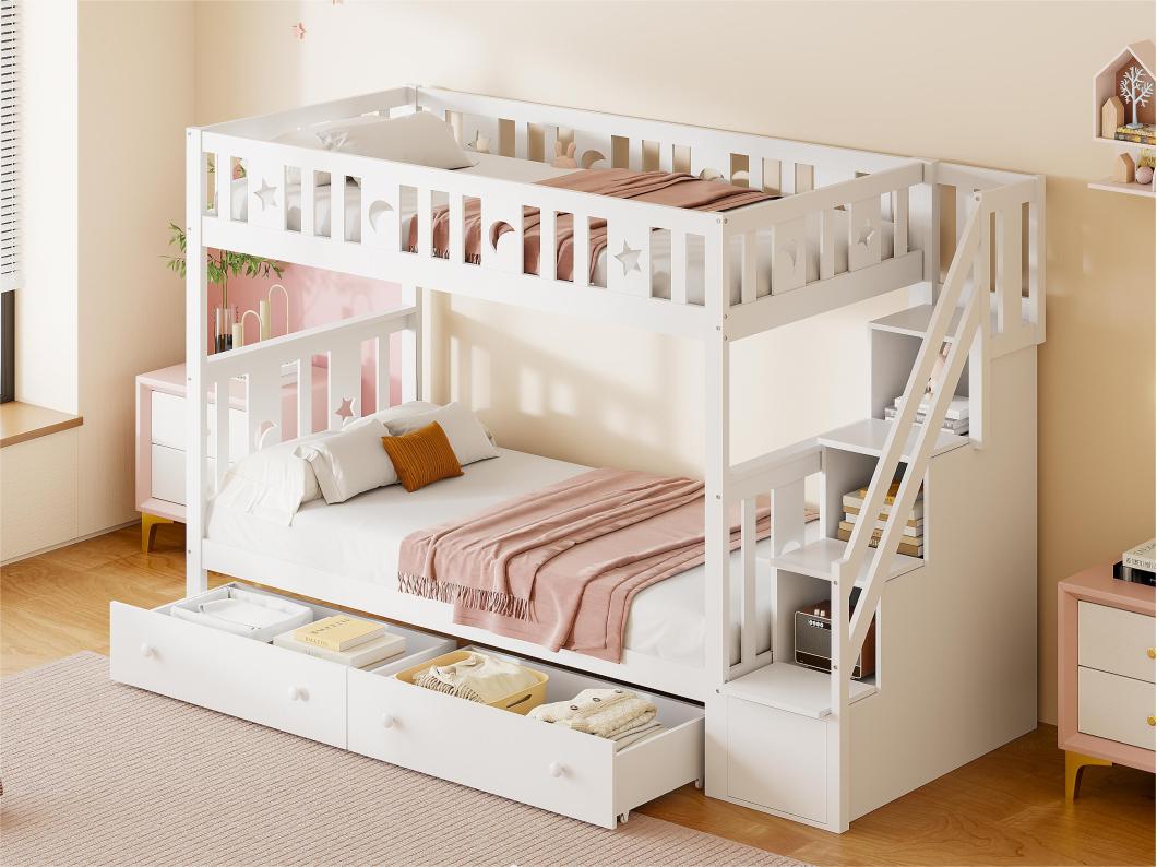 Letto a castello per bambini 90x200 cm - legno massiccio - con scala portaoggetti e 2 cassetti - Bianco