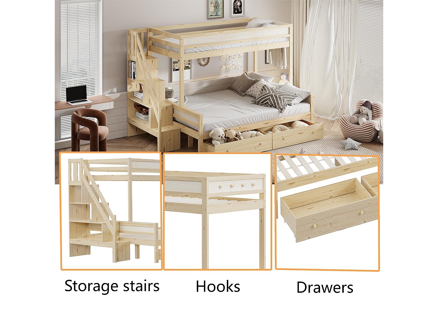 Seyakany - Lit Superposé/lit Mezzanine Enfant 90x200 Cm - Avec Escalier Rangement, Bureau Et Tiroirs - Bois Massif