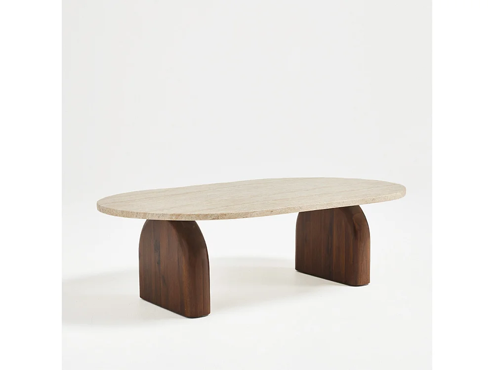Lipali - Table basse effet travertin et bois 100x60cm - Beige
