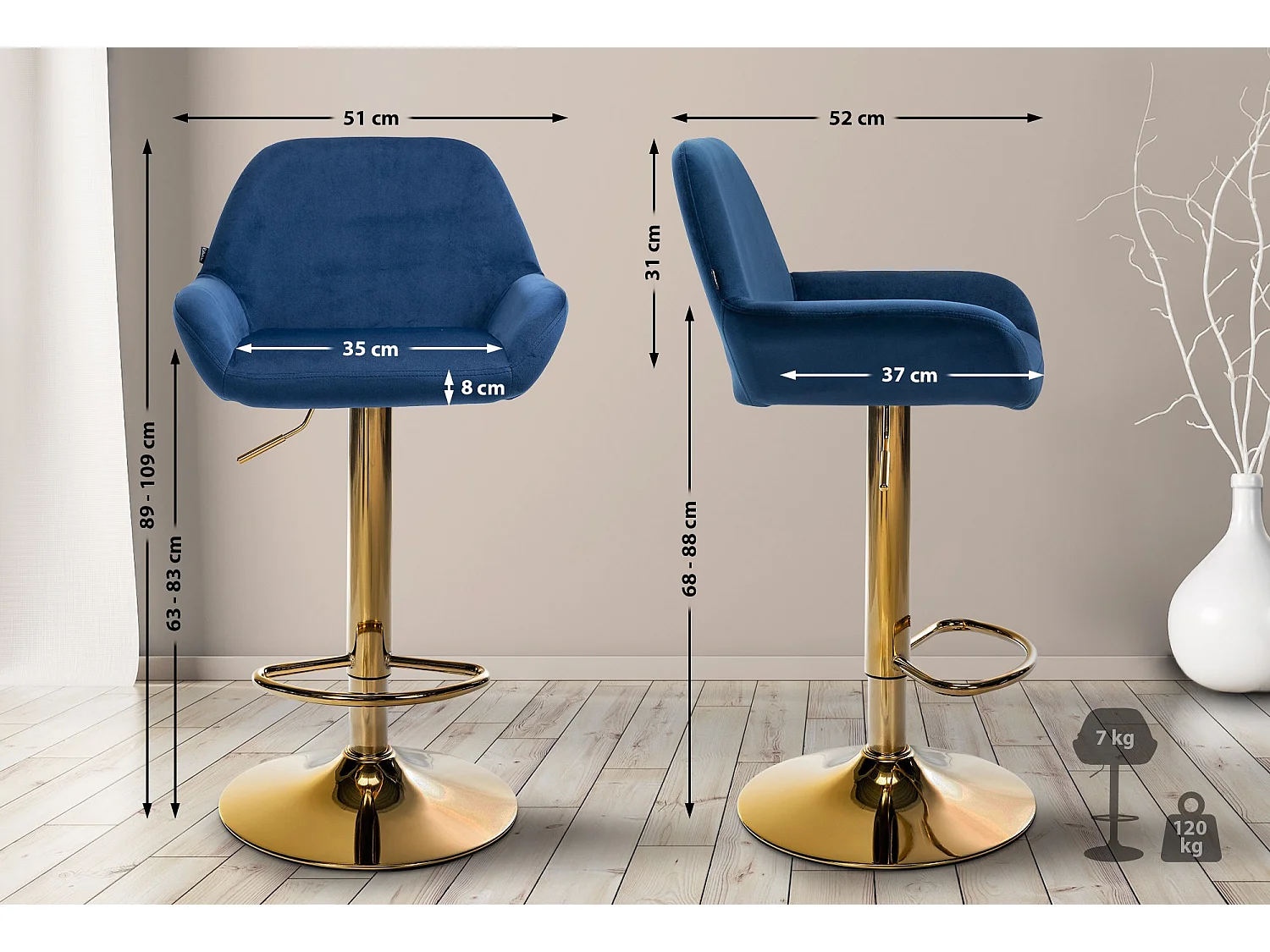 Lot de 2  Tabouret de bar - Velours & Métal - Bleu - Braga