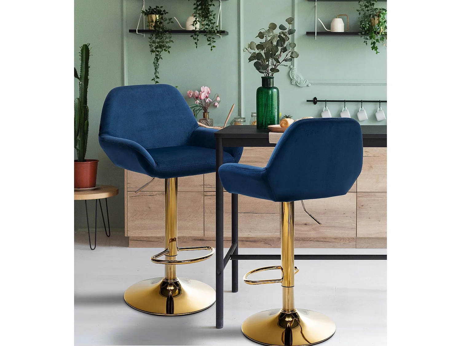 Lot de 2  Tabouret de bar - Velours & Métal - Bleu - Braga