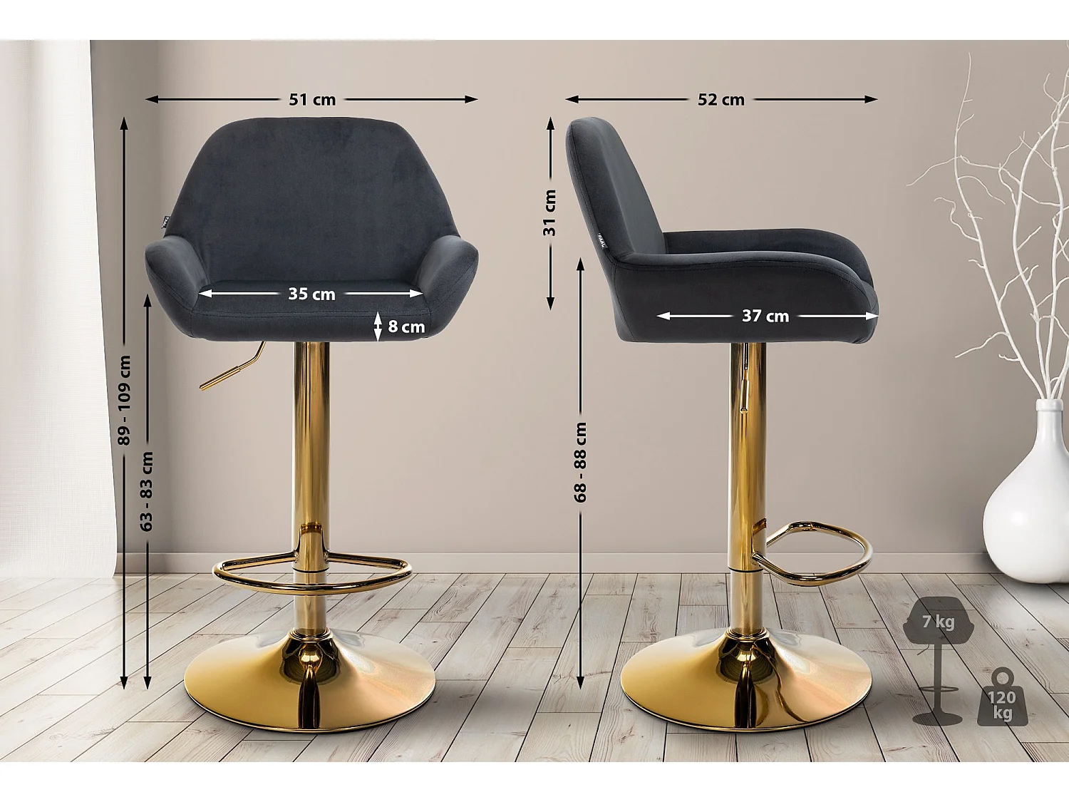 Tabouret de bar - Velours - Noir - Braga