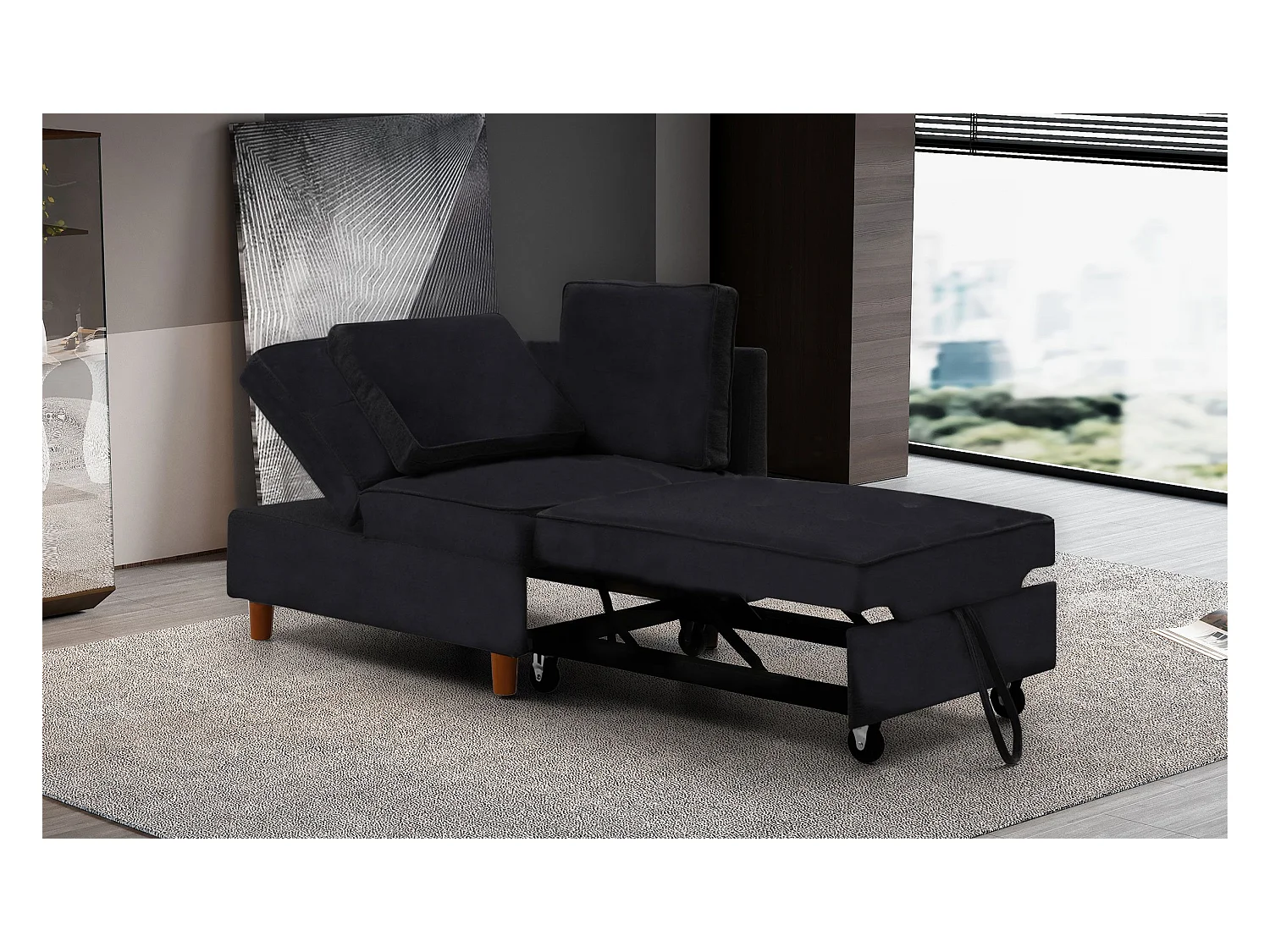 Schlafsofa Zinez Velours Schwarz, 2-Sitzer