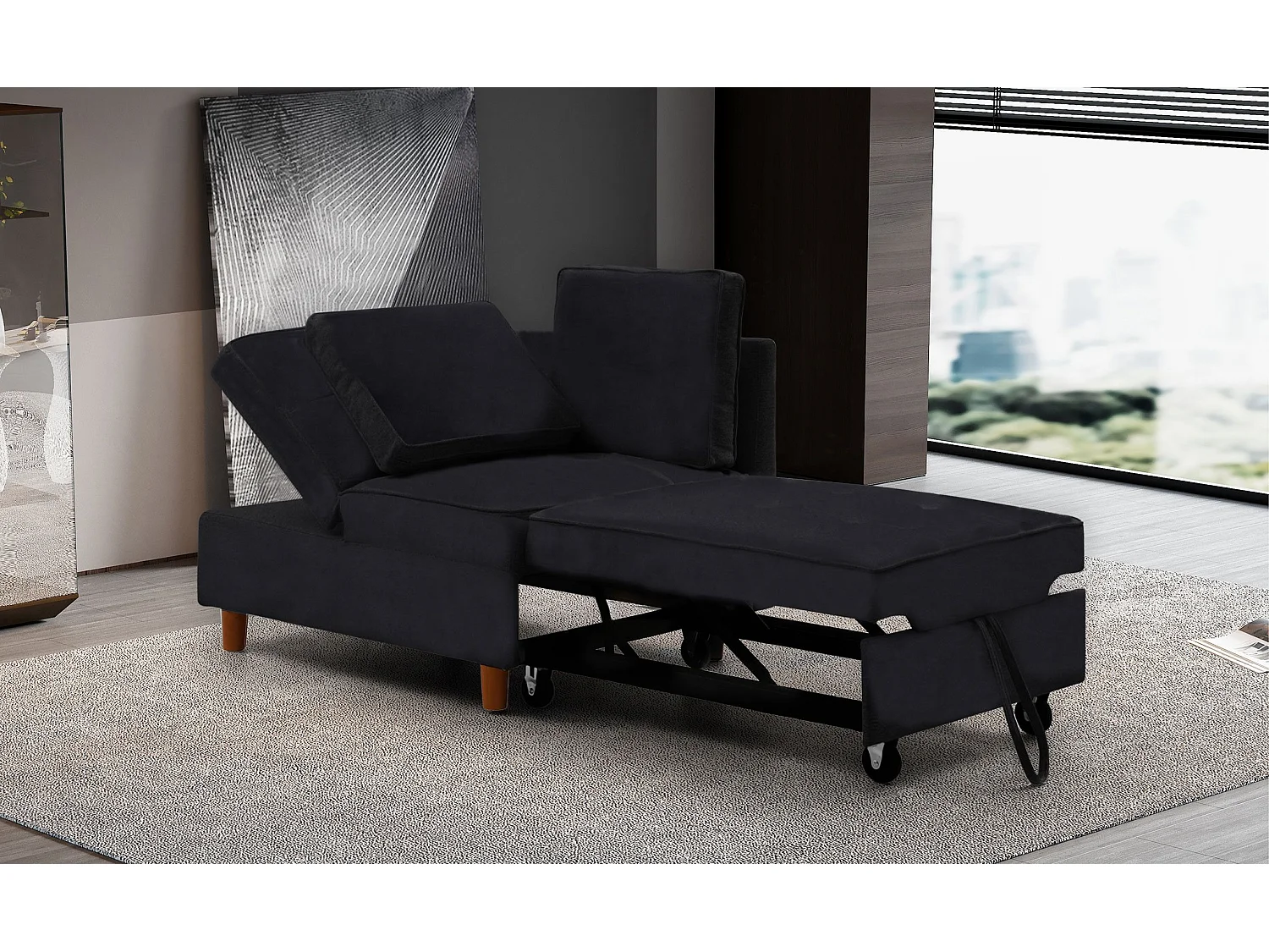 Schlafsofa Zinez Velours Schwarz, 2-Sitzer