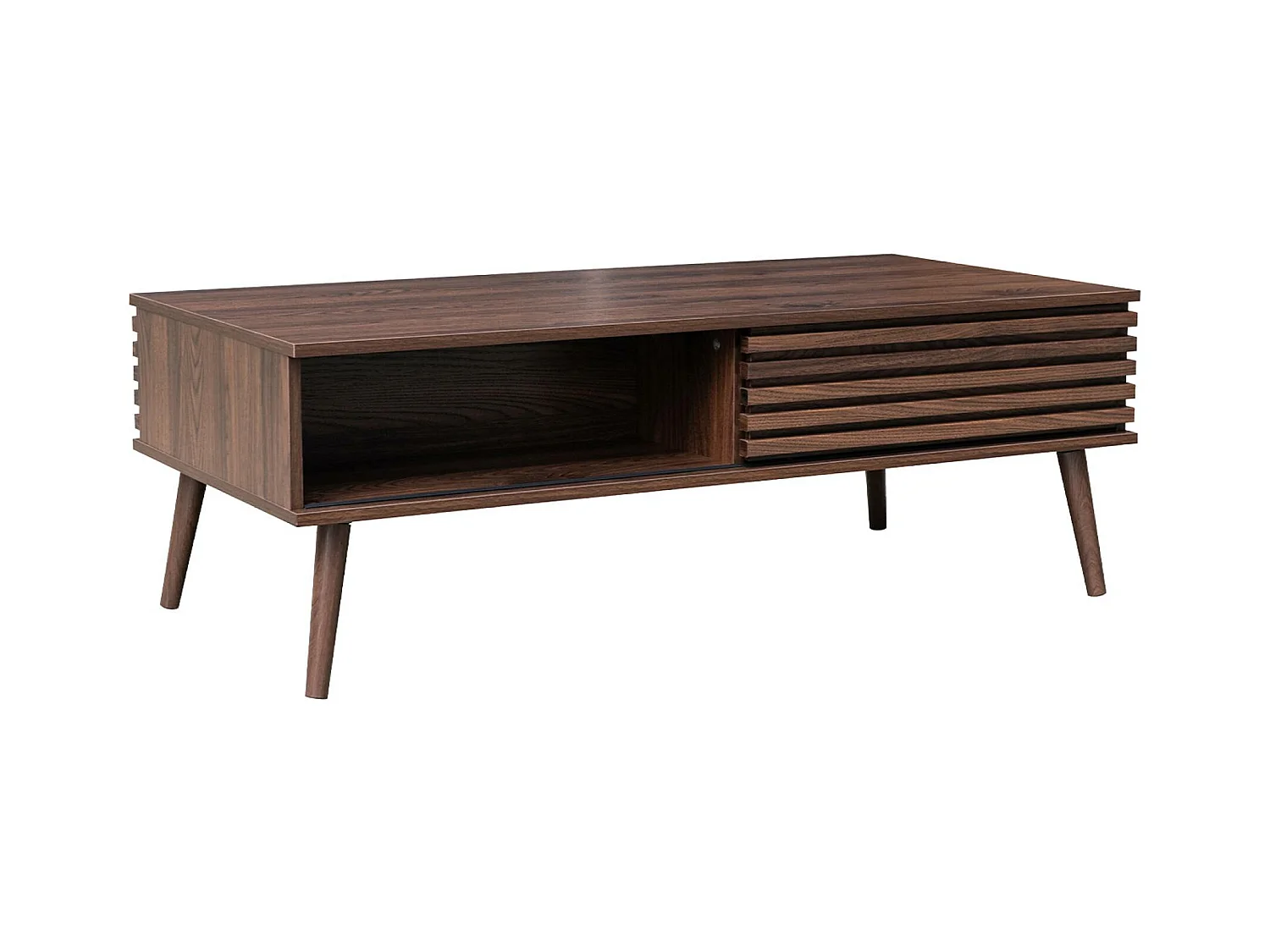 Tavolino scandinavo con ante scorrevoli, decoro in legno scanalato,