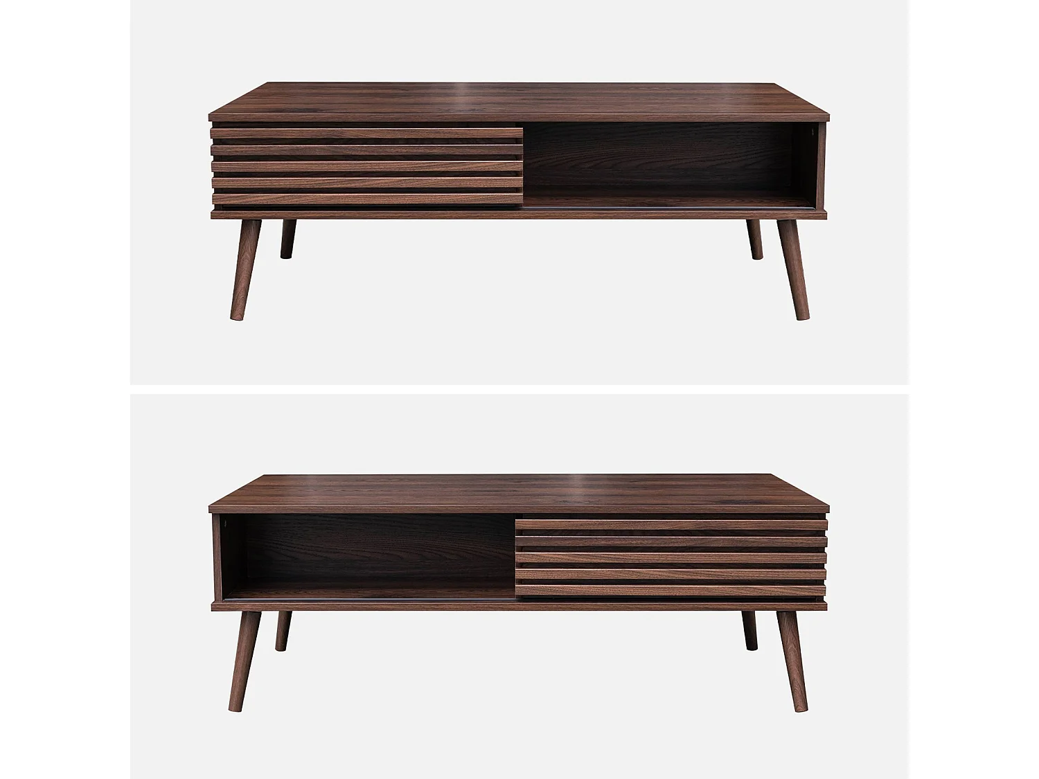 Table basse scandinave avec portes coulissantes décor bois noyer rainuré et niches de rangement