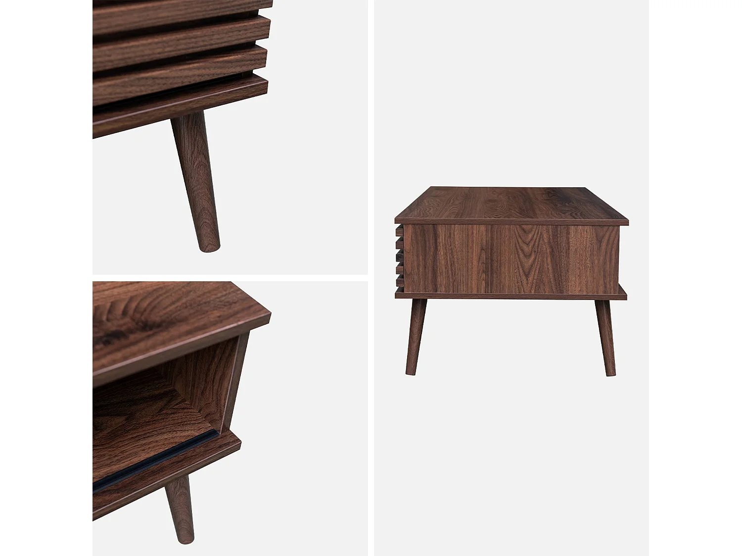 Table basse scandinave avec portes coulissantes décor bois noyer rainuré et niches de rangement