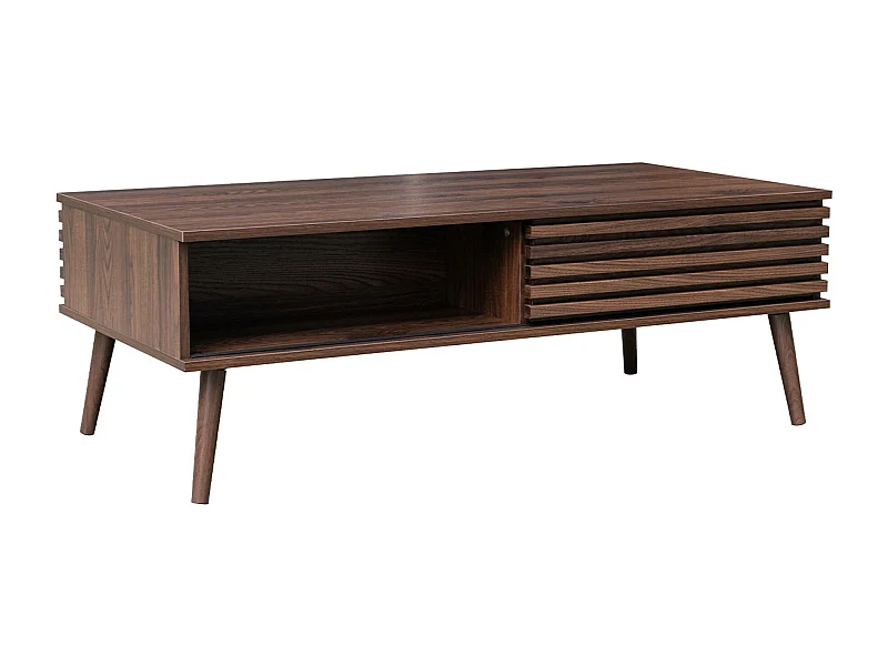 Table basse scandinave avec portes coulissantes décor bois noyer rainuré et niches de rangement