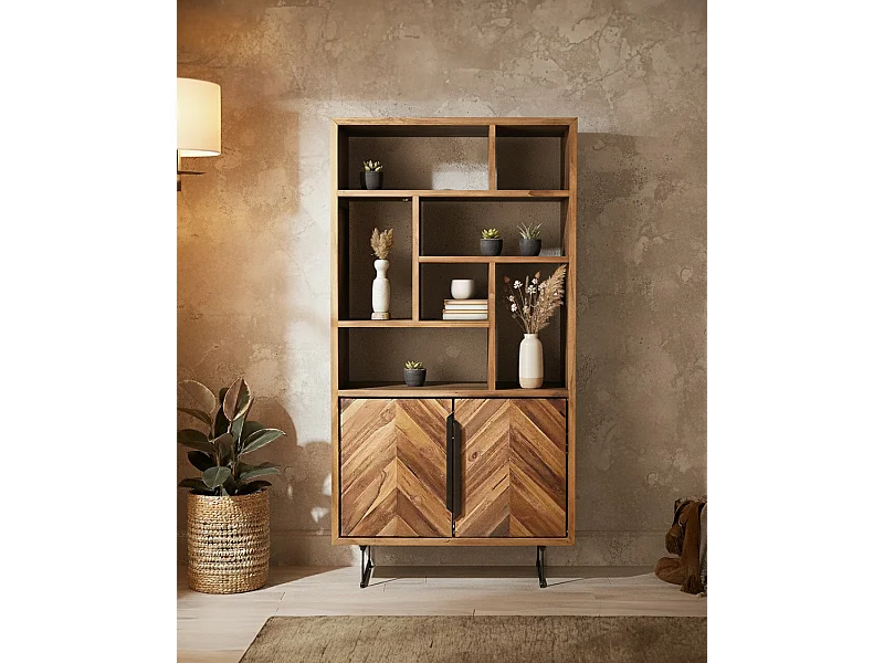 Kappa - Petite bibliothèque industrielle en teck maffis recyclé avec motif chevron 100 cm