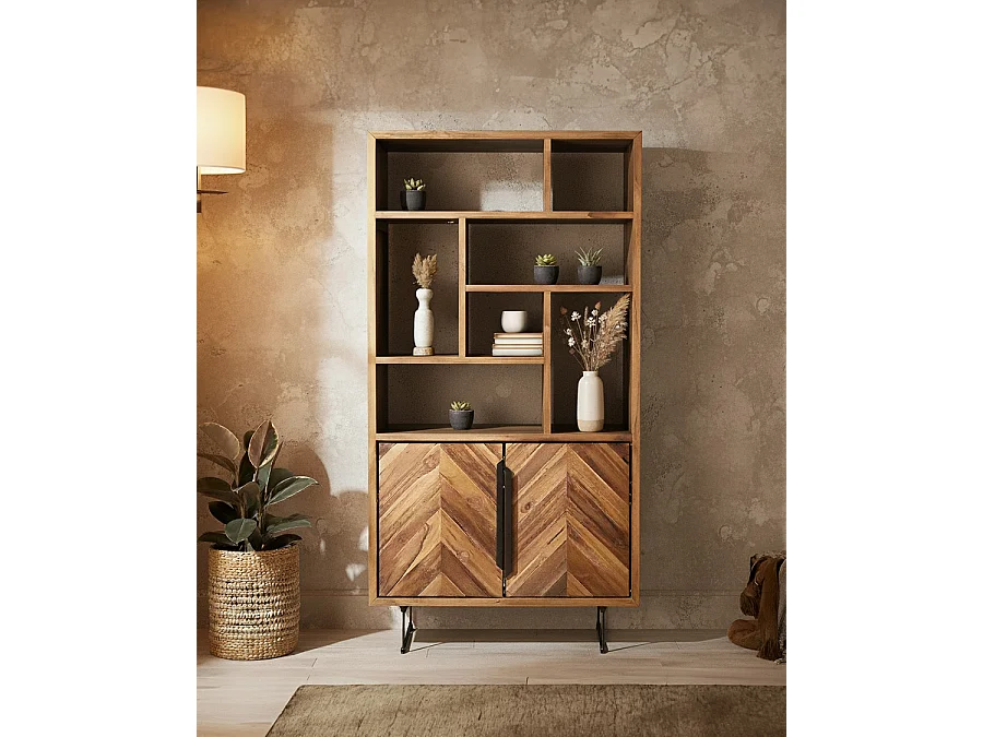 Kappa - Petite bibliothèque industrielle en teck maffis recyclé avec motif chevron 100 cm