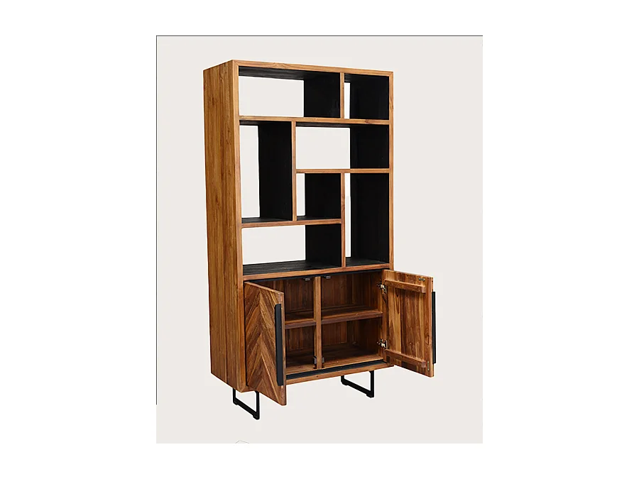 Kappa - Petite bibliothèque industrielle en teck maffis recyclé avec motif chevron 100 cm