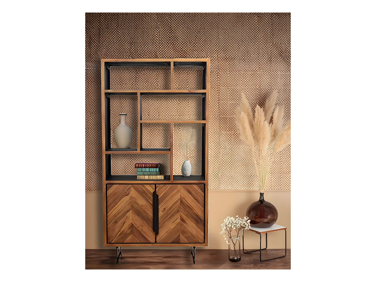 Kappa - Petite bibliothèque industrielle en teck maffis recyclé avec motif chevron 100 cm