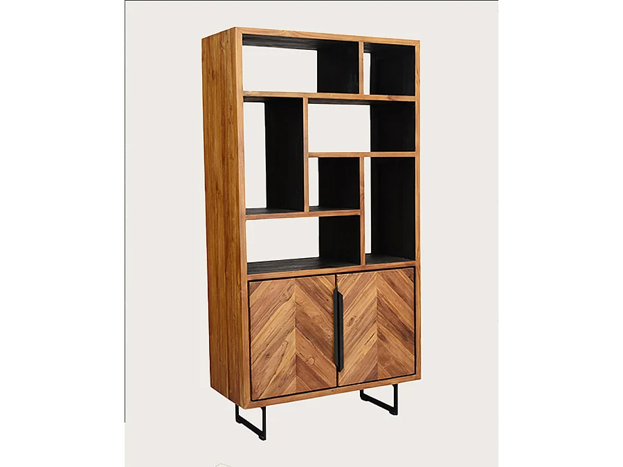 Kappa - Petite bibliothèque industrielle en teck maffis recyclé avec motif chevron 100 cm