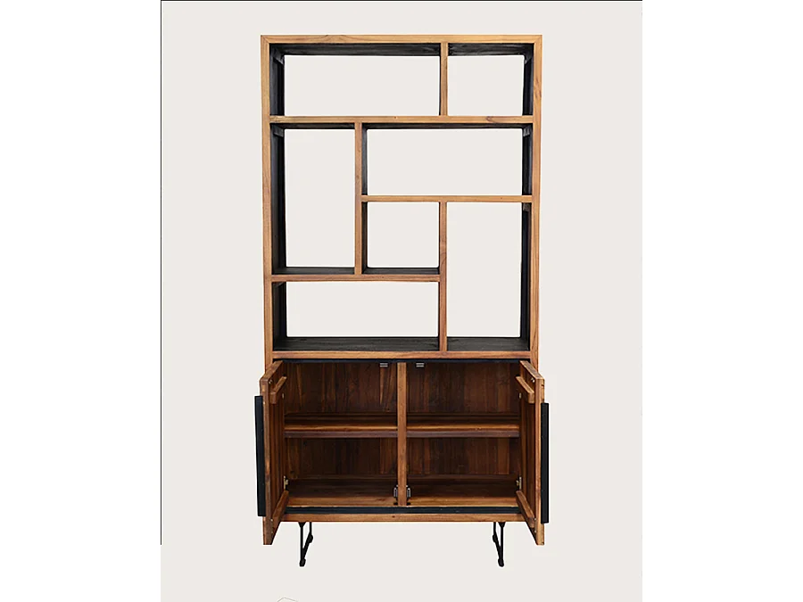 Kappa - Petite bibliothèque industrielle en teck maffis recyclé avec motif chevron 100 cm