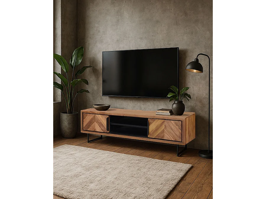 Kappa - Meuble TV industriel en teck recyclé avec motif chevron et métal 160 cm