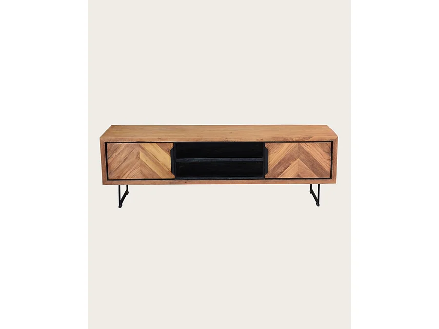 Kappa - Meuble TV industriel en teck recyclé avec motif chevron et métal 160 cm