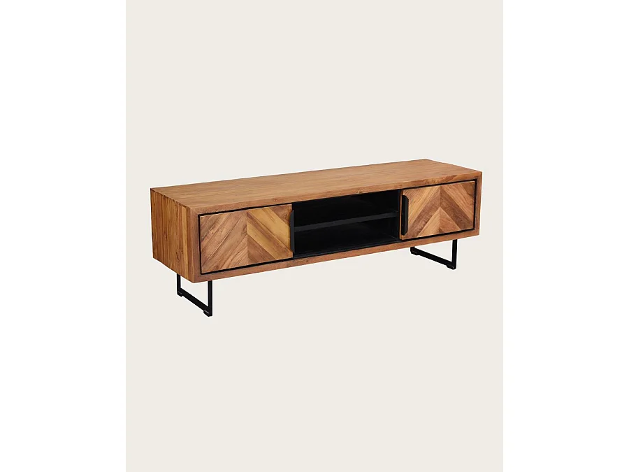 Kappa - Meuble TV industriel en teck recyclé avec motif chevron et métal 160 cm