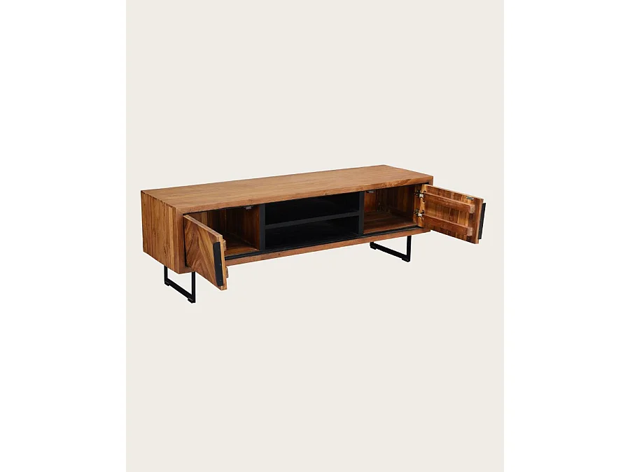 Kappa - Meuble TV industriel en teck recyclé avec motif chevron et métal 160 cm