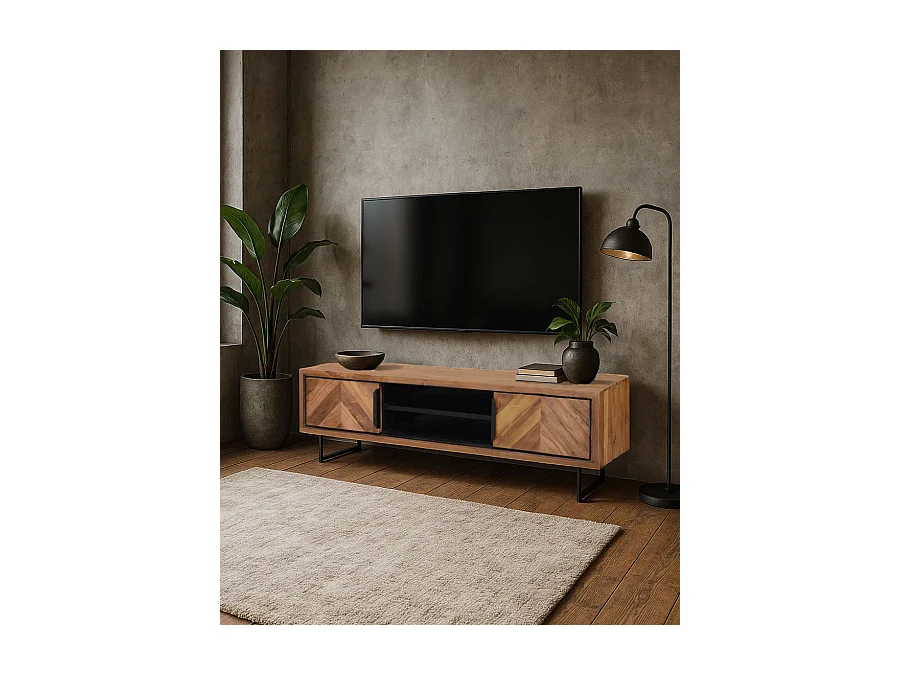 Kappa - Meuble TV industriel en teck recyclé avec motif chevron et métal 160 cm