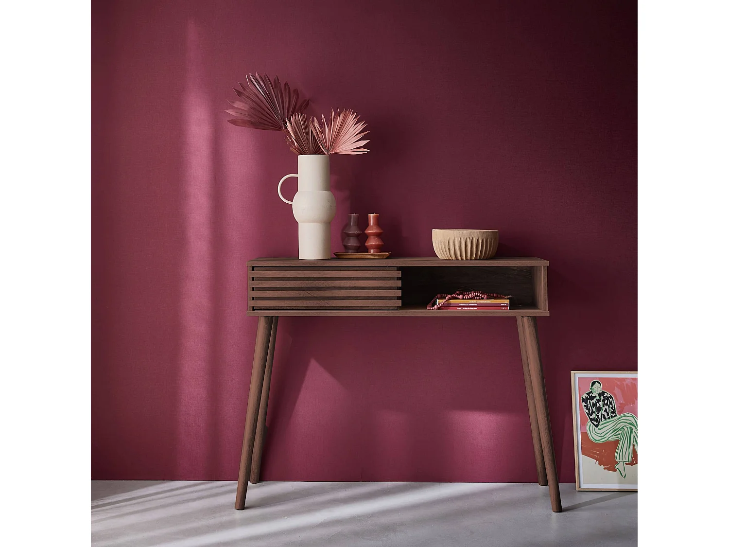 Console scandinave décor bois noyer avec 1 porte coulissante rainurée 2 niches de rangement