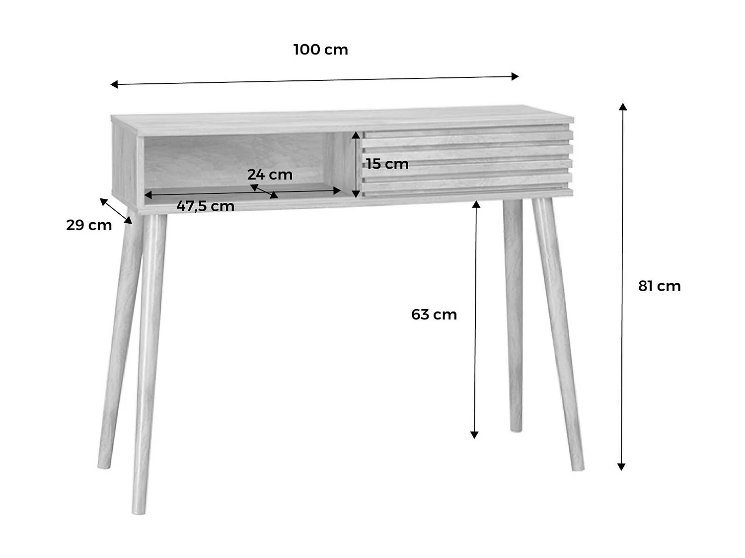 Console scandinave décor bois noyer avec 1 porte coulissante rainurée 2 niches de rangement