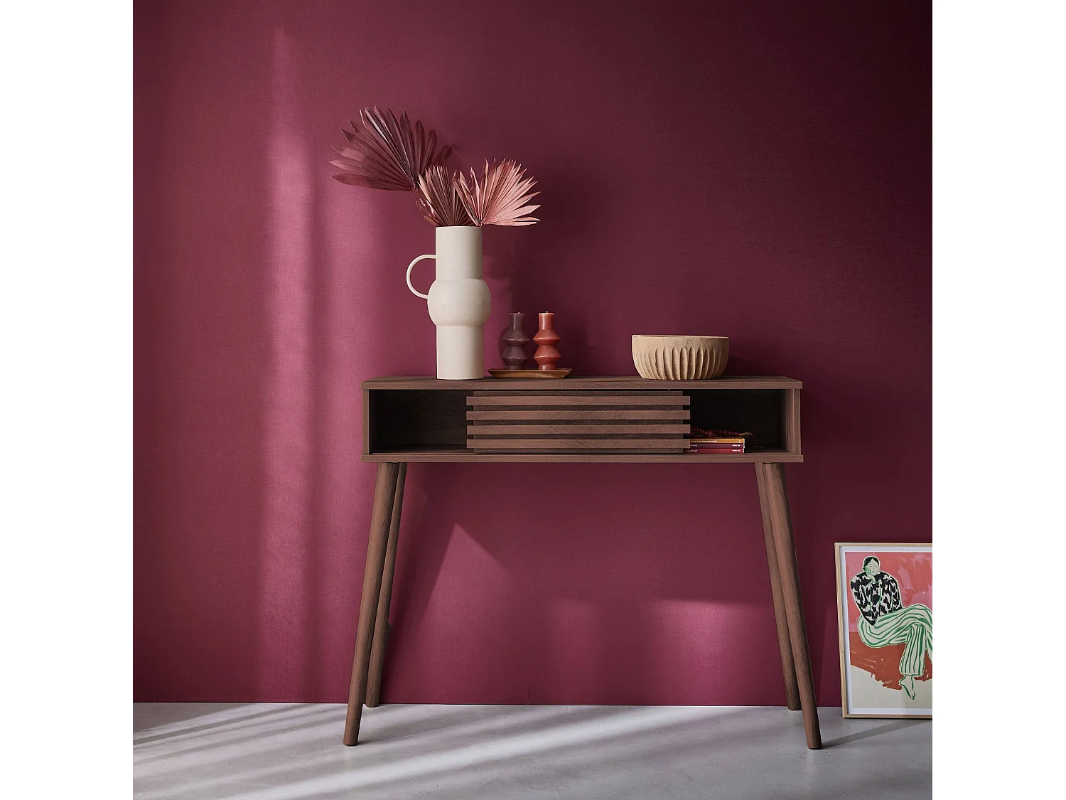 Console scandinave décor bois noyer avec 1 porte coulissante rainurée 2 niches de rangement