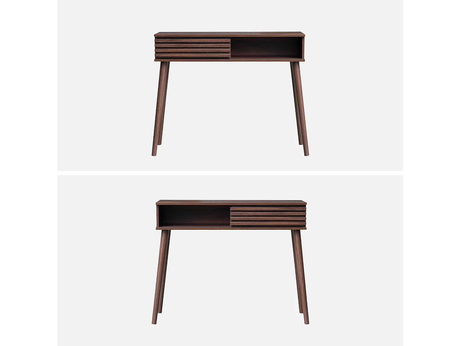 Console scandinave décor bois noyer avec 1 porte coulissante rainurée 2 niches de rangement