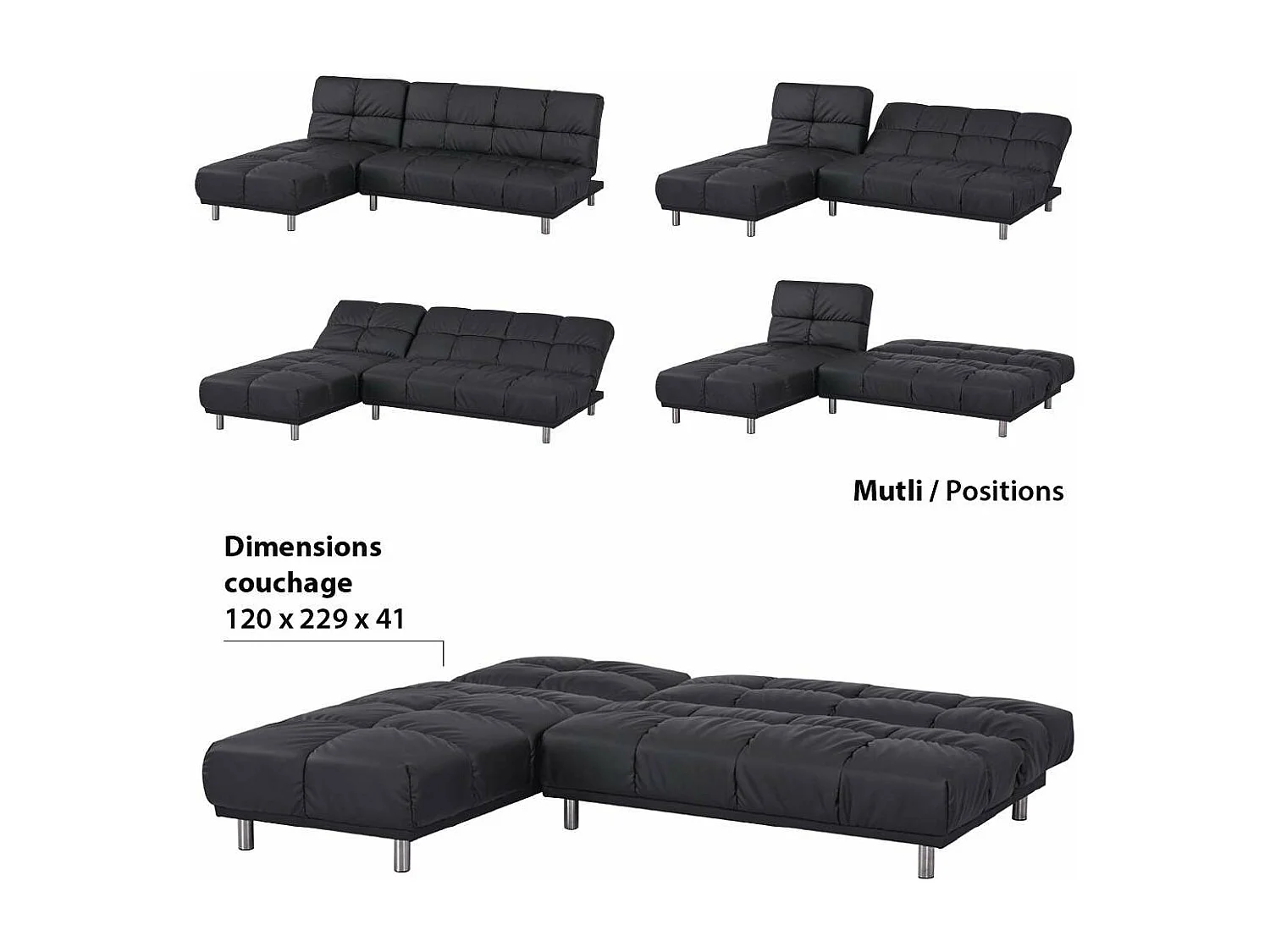 Angle Canapé-lit clic-clac 2 places + meridienne réversible gauche / droite pour couchage d’appoint taille 120 x 229 cm en PU noir - MELLOW