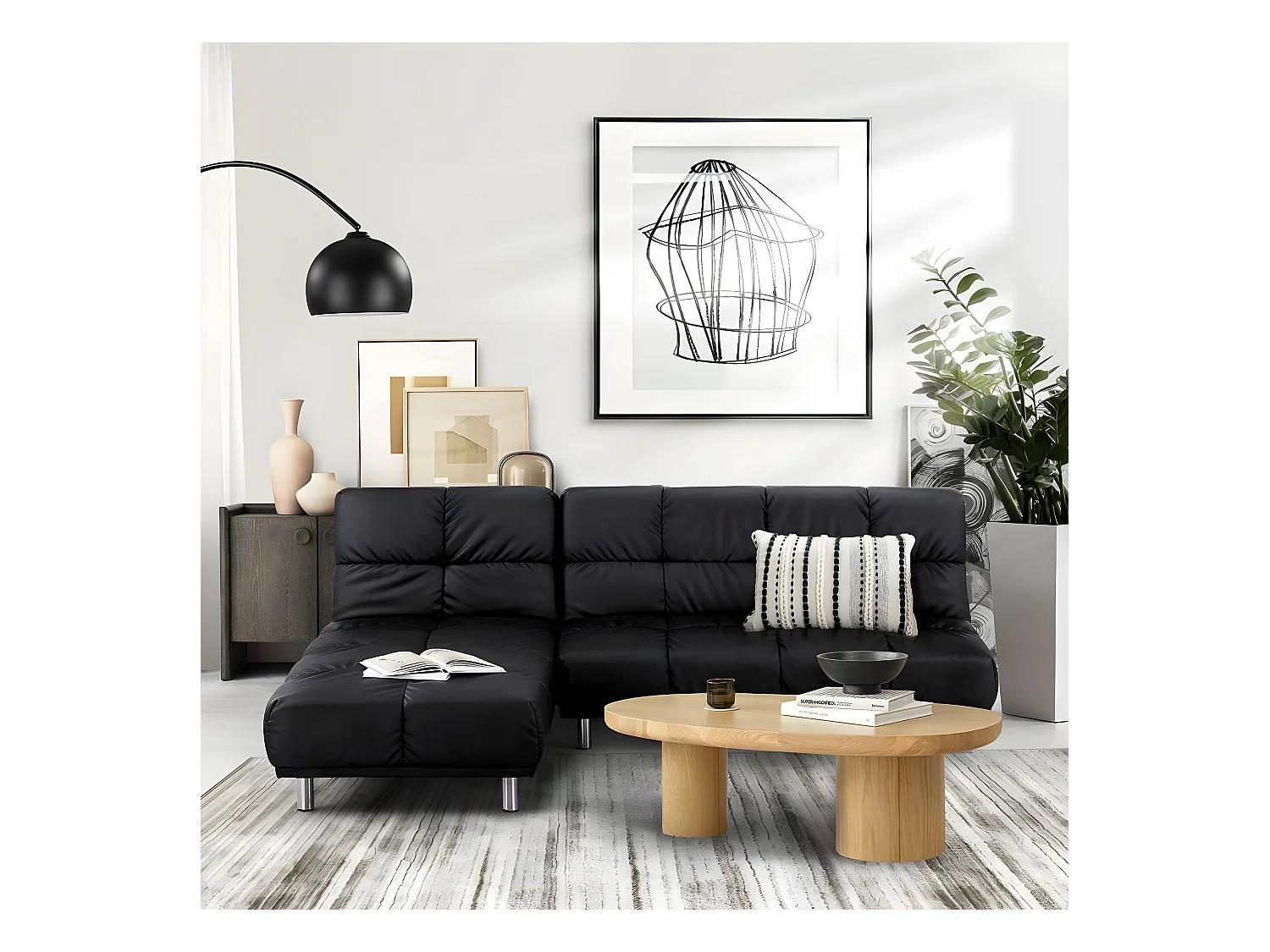 Angle Canapé-lit clic-clac 2 places + meridienne réversible gauche / droite pour couchage d’appoint taille 120 x 229 cm en PU noir - MELLOW