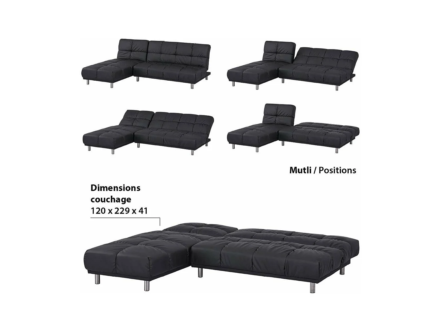 Hoekbank 2 zits + omkeerbare slaapbank links / rechts voor extra bed maat 120 x 229 cm in zwart PU - MILD
