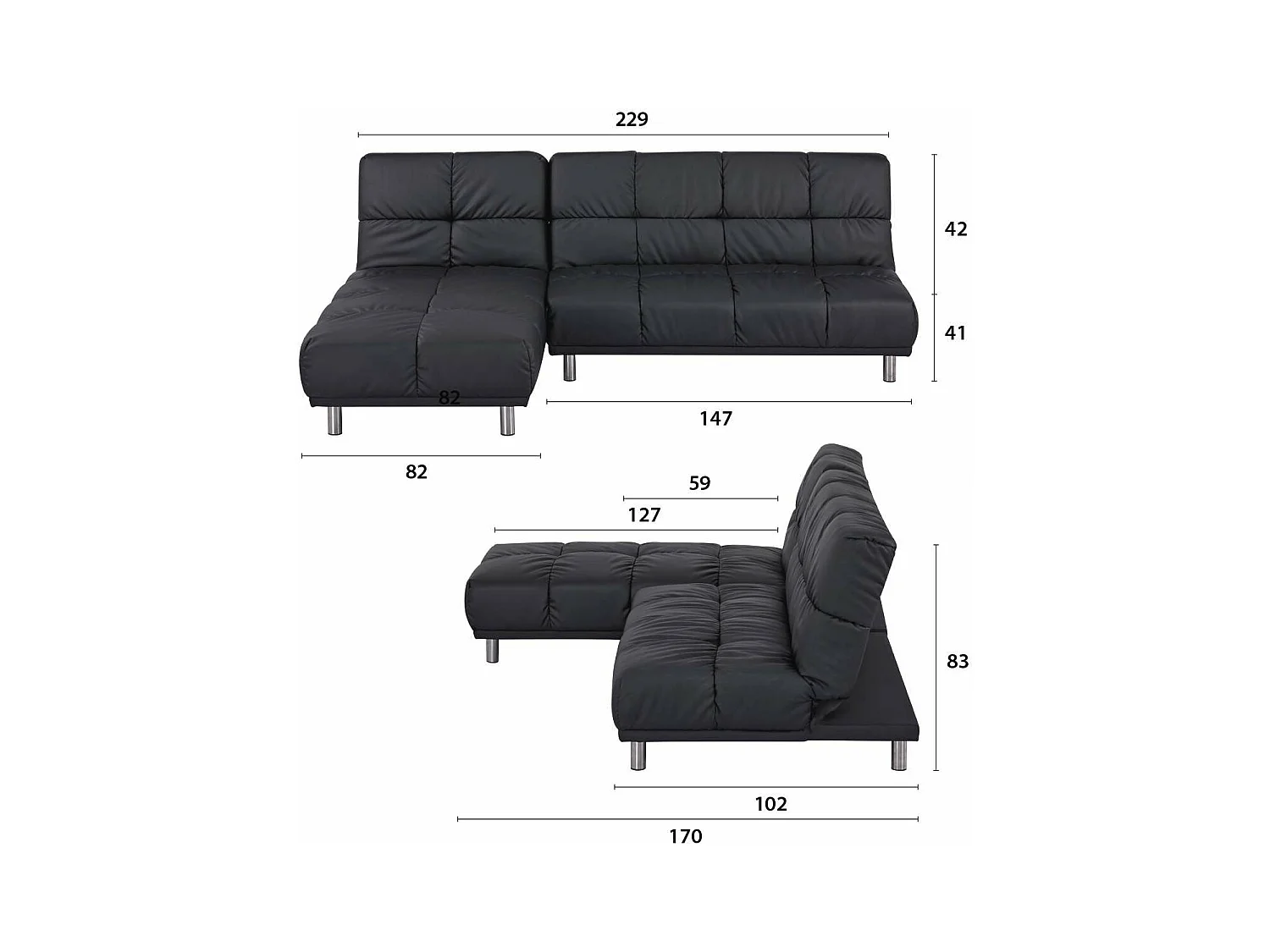 Hoekbank 2 zits + omkeerbare slaapbank links / rechts voor extra bed maat 120 x 229 cm in zwart PU - MILD