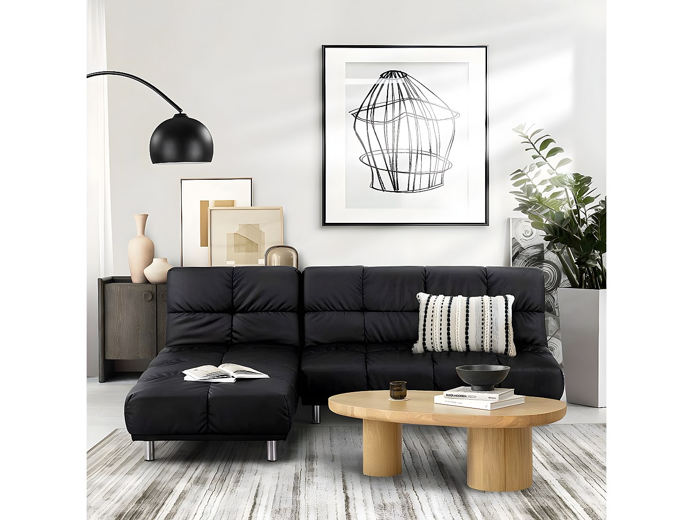 Canapé-lit Clic-clac 3 Places Pour Couchage D'appoint Taille 120 X 191 Cm En Finition Pu Noir Et Pieds En Acier Inoxydable Finition Chromee Mellow