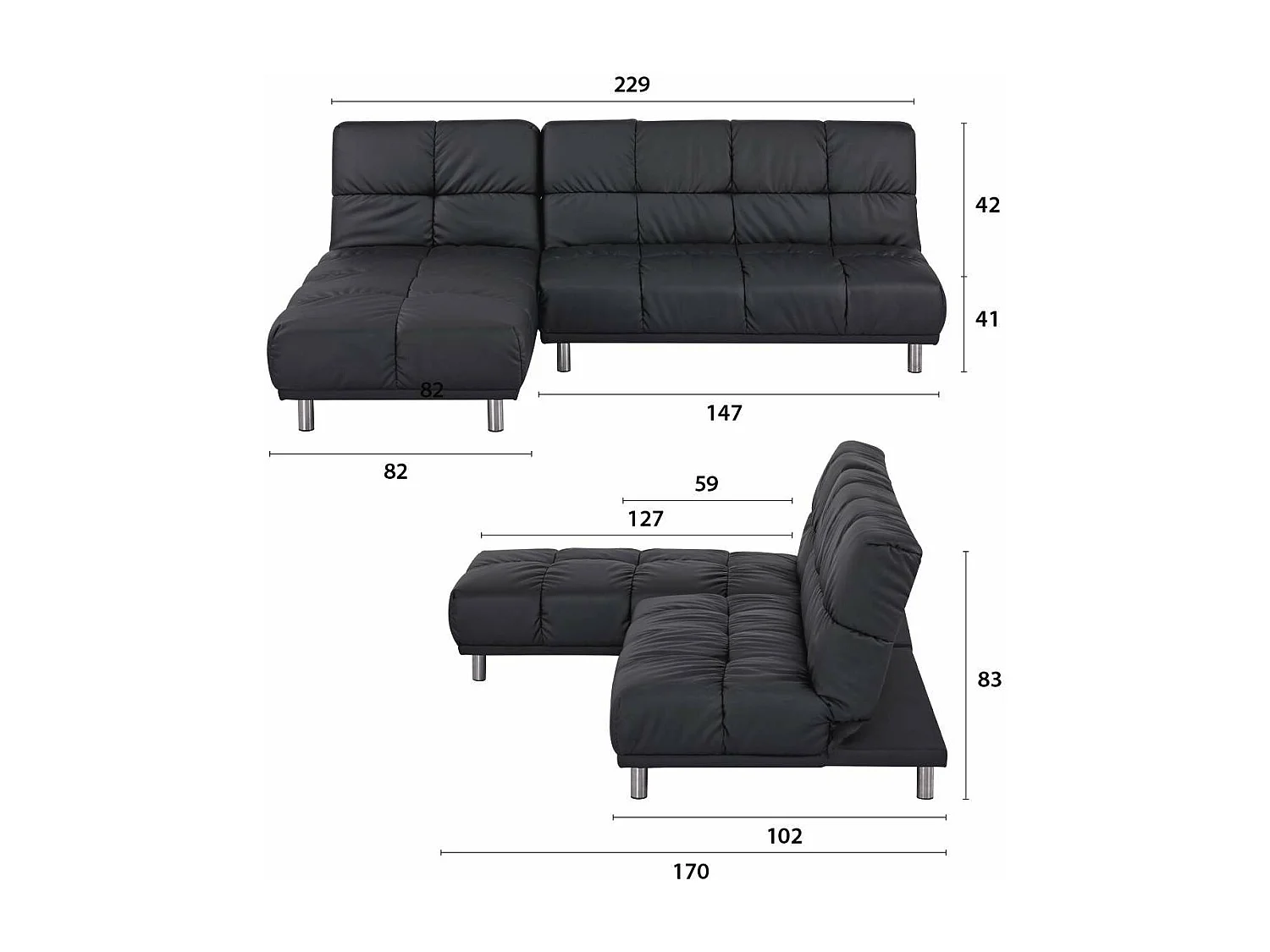 Hoekbank 2 zits + omkeerbare slaapbank links / rechts voor extra bed maat 120 x 229 cm in zwart PU - MILD