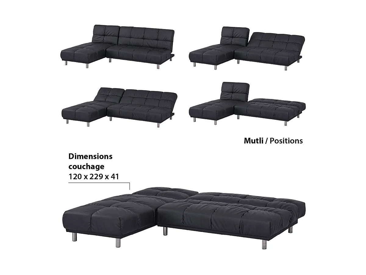 Divano letto clic-clac a 2 posti con chaise longue reversibile in PU nero - MELLOW