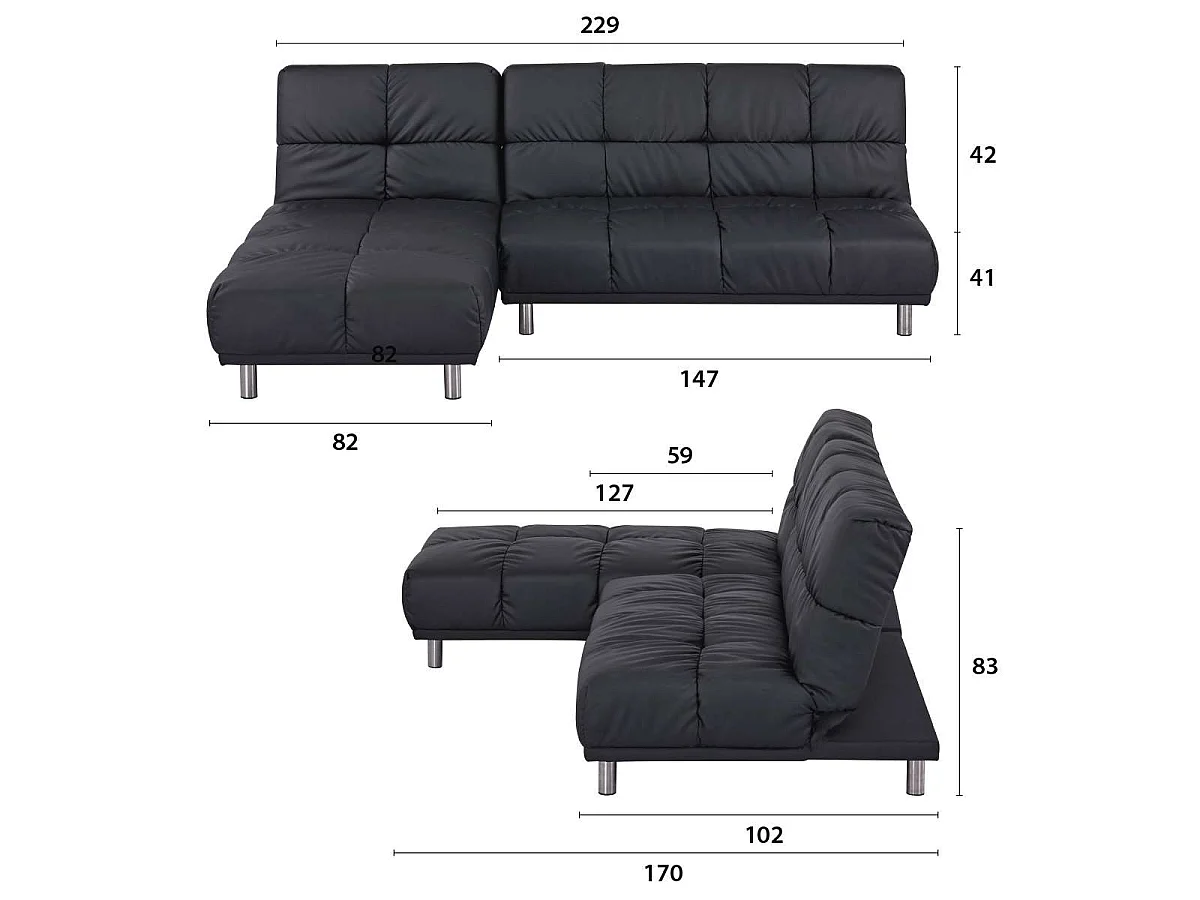 Divano letto clic-clac a 2 posti con chaise longue reversibile in PU nero - MELLOW