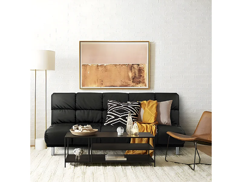 Sofá cama clic-clac de 3 plazas estilo retro setentero con acabado en PU negro - MELLOW