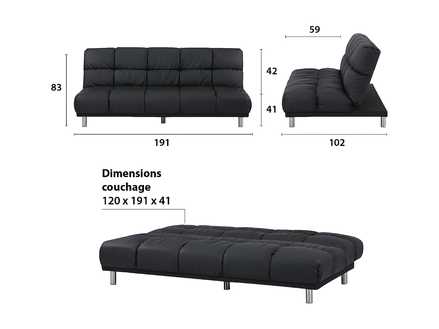 Canapé-lit clic-clac 3 places pour couchage d’appoint taille 120 x 191 cm en finition PU noir et pieds en acier inoxydable finition chromée - MELLOW