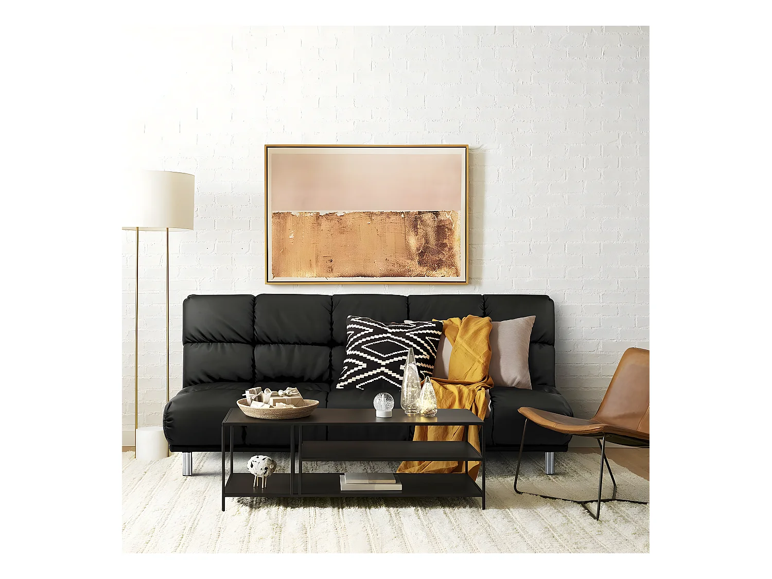 Canapé-lit clic-clac 3 places pour couchage d’appoint taille 120 x 191 cm en finition PU noir et pieds en acier inoxydable finition chromée - MELLOW