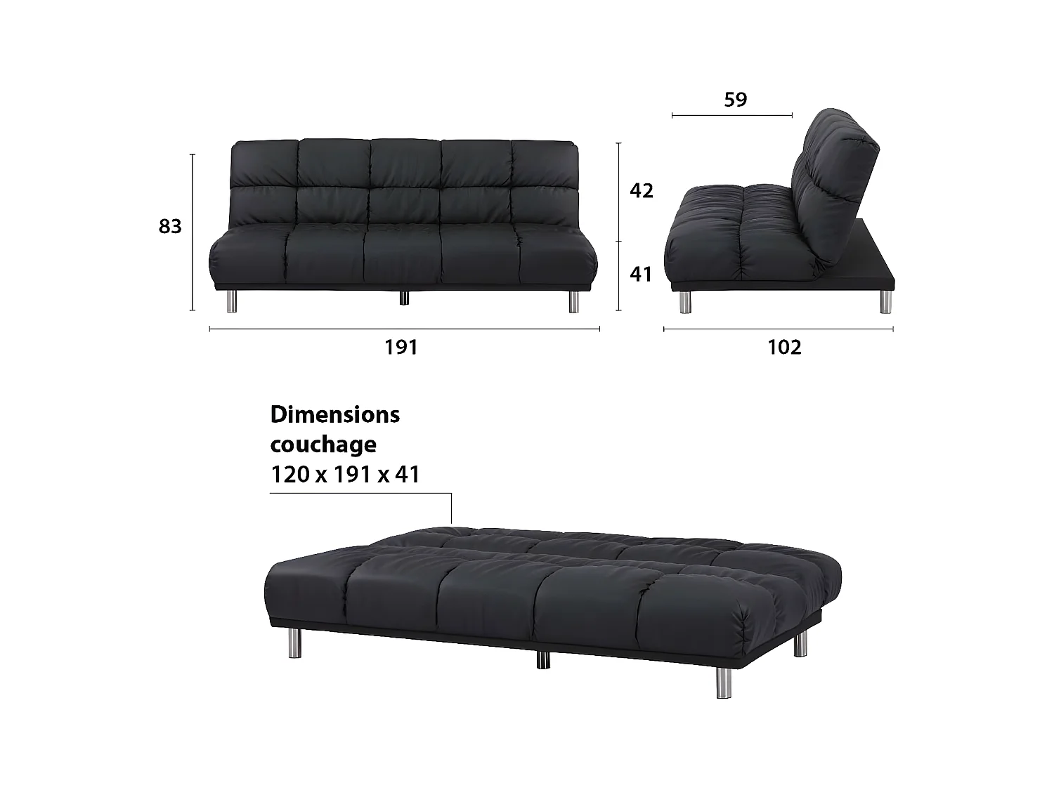 3-zits slaapbank voor bijzetbed afmeting 120 x 191 cm in zwarte PU afwerking en verchroomde poten van roestvrij staal - MELLOW