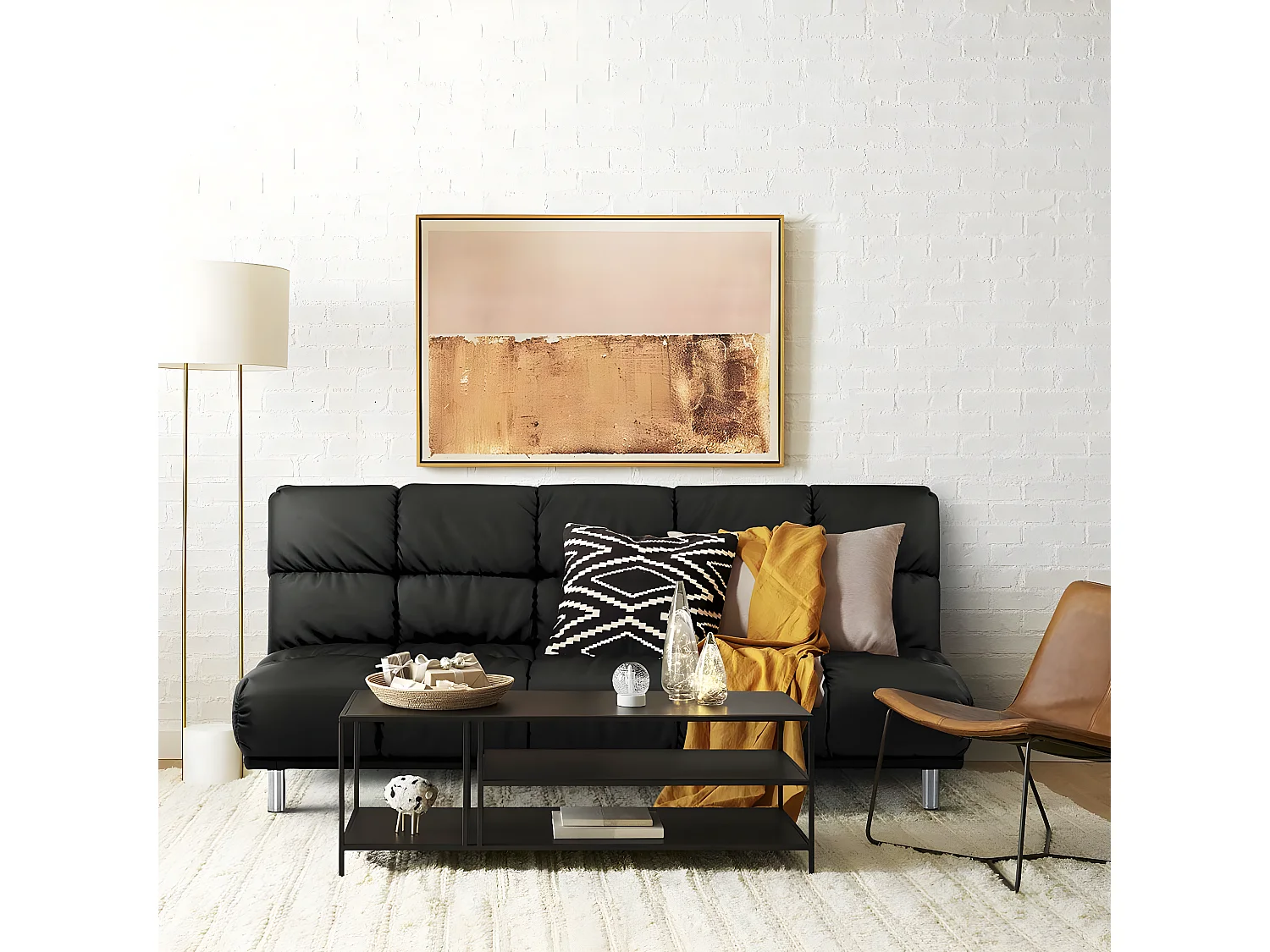 3-zits slaapbank voor bijzetbed afmeting 120 x 191 cm in zwarte PU afwerking en verchroomde poten van roestvrij staal - MELLOW