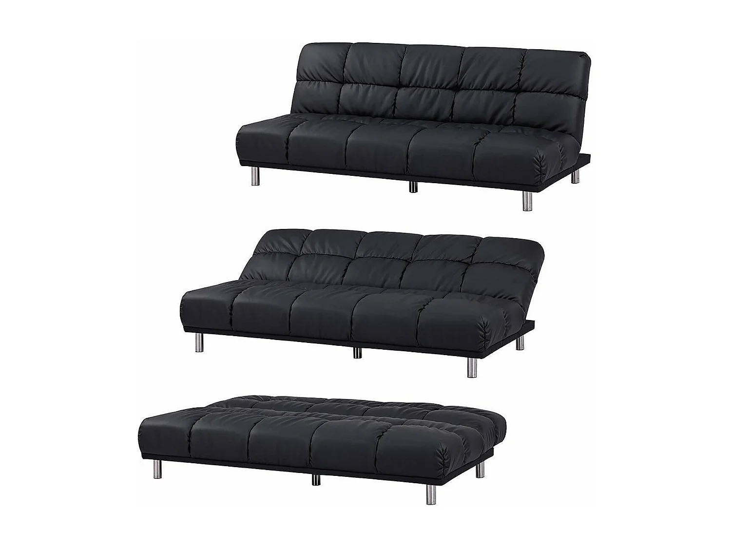 3-zits slaapbank voor bijzetbed afmeting 120 x 191 cm in zwarte PU afwerking en verchroomde poten van roestvrij staal - MELLOW