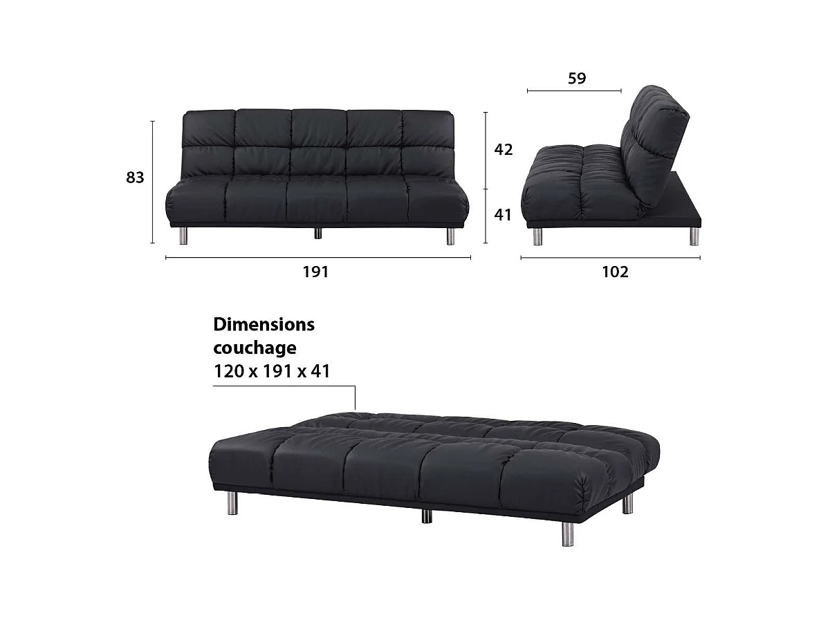 Retro-Schlafsofa mit Klick-Klack-Funktion für 3 Personen in schwarzer PU-Finish - MELLOW