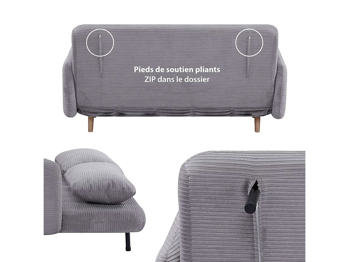 2-zits slaapbank voor bijzetbed afmeting 145 x 190 cm in grijs ribfluweel met massief houten poten - ARI